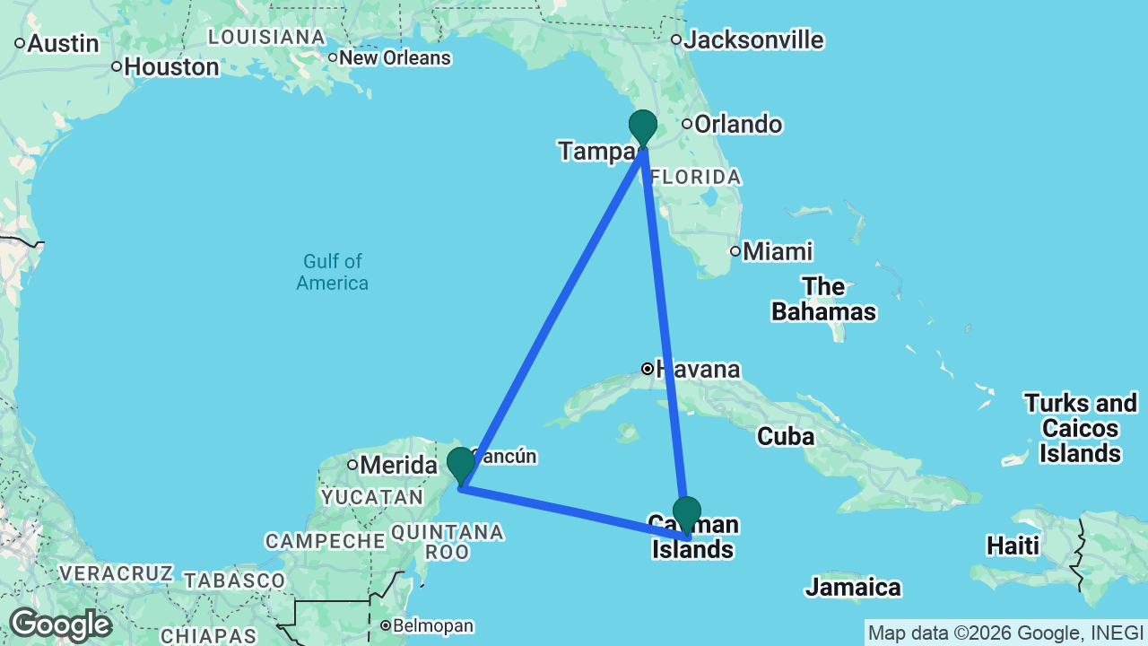 Route map: Tampa -> Grand Cayman -> Cozumel -> Tampa