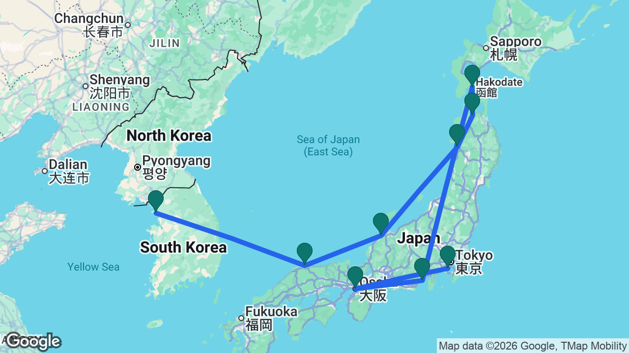 Route map: Seoul -> Sakaiminato -> Kanazawa -> Akita -> Aomori -> Hakodate -> Mount Fuji -> Osaka -> Tokyo