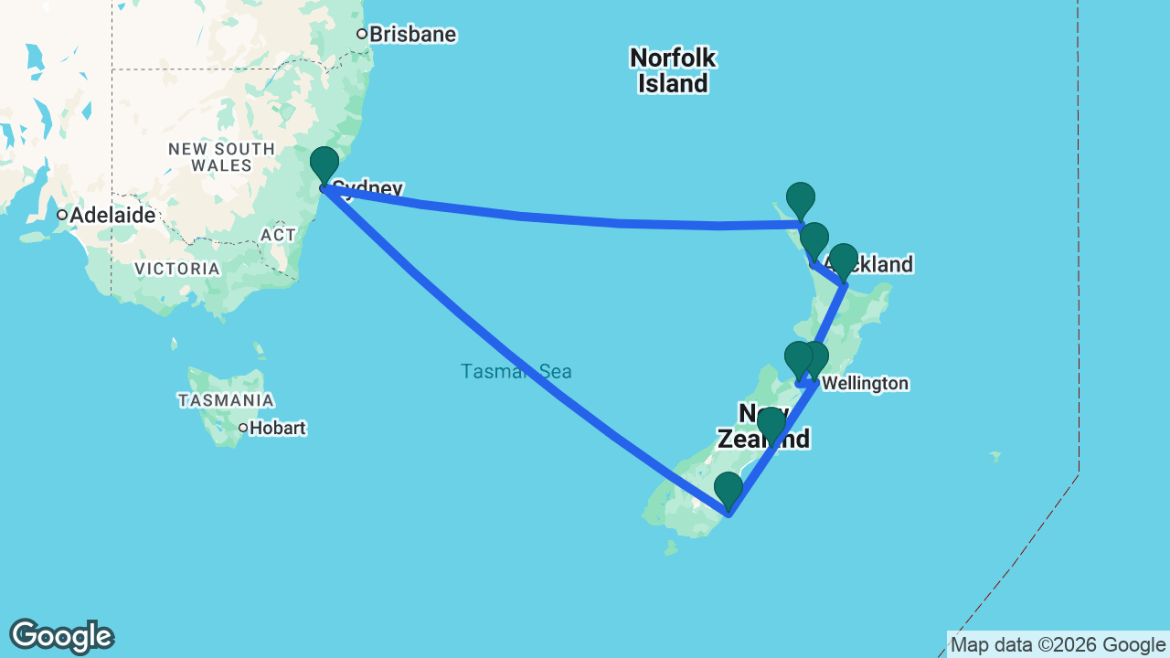 Route map: Sydney -> Dunedin -> Christchurch -> Wellington -> Picton -> Tauranga -> Auckland -> Bay of Islands -> Sydney