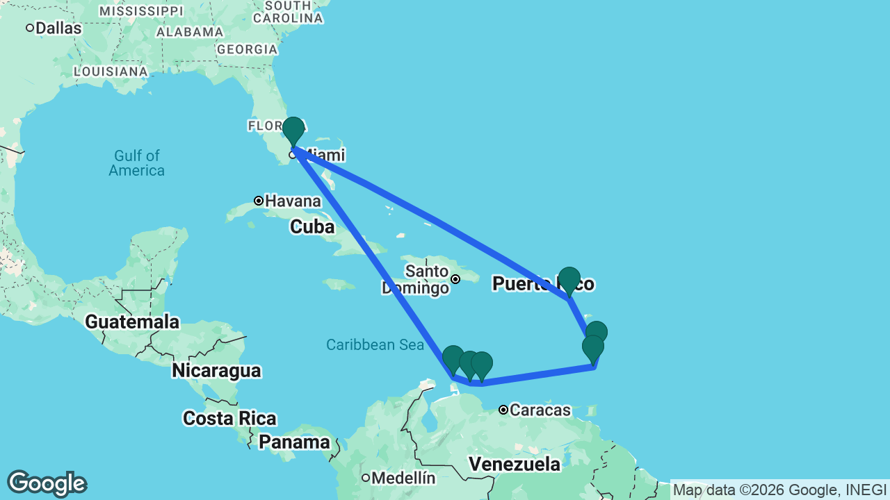 Route map: Fort Lauderdale -> Aruba -> Curaçao -> Bonaire -> St. Vincent -> St. Lucia -> St. Kitts -> Fort Lauderdale