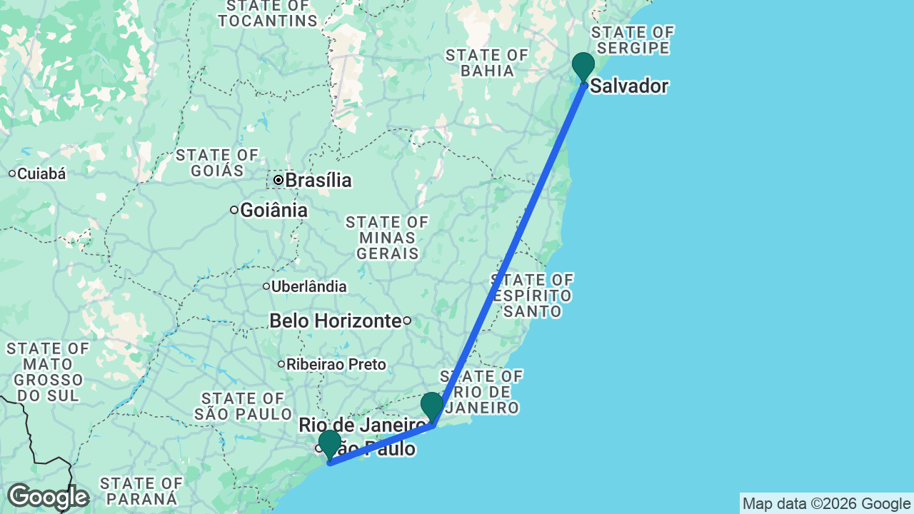 Route map: Salvador -> Rio -> Santos