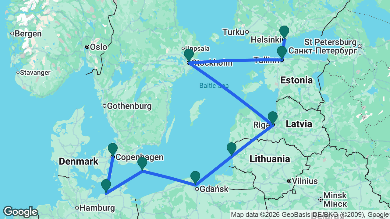 Route map: Helsinki -> Tallinn -> Stockholm -> Riga -> Klaipeda -> Gdansk -> Rønne -> Berlin -> Copenhagen