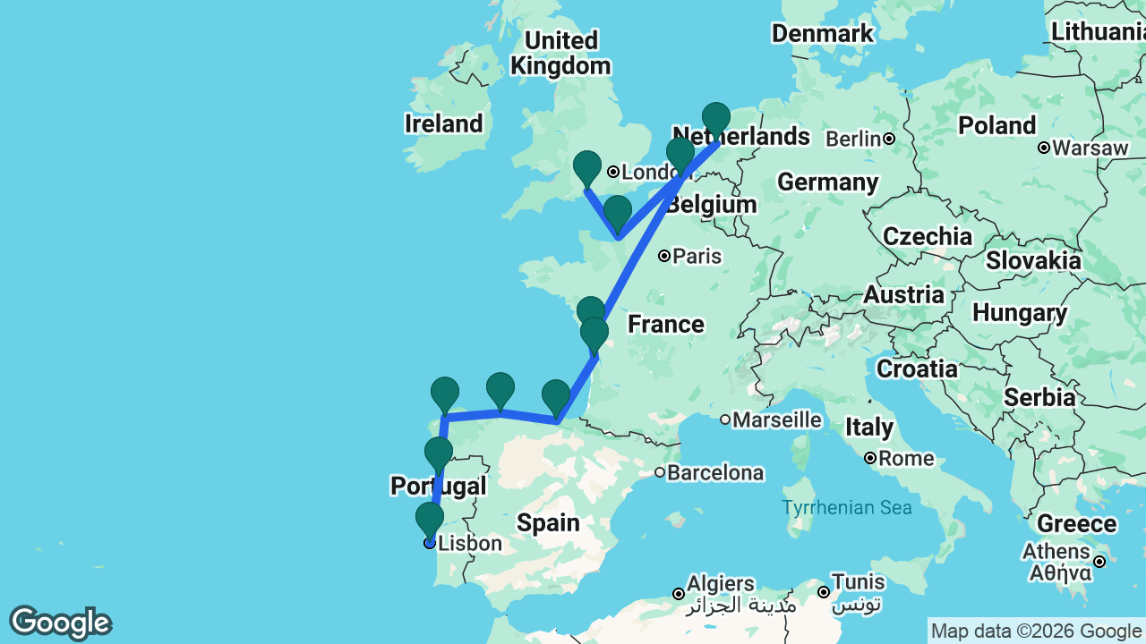 Route map: Lisbon -> Porto -> La Coruña -> Gijón -> Bilbao -> Bordeaux -> La Rochelle -> Bruges -> Amsterdam -> Paris -> Southampton