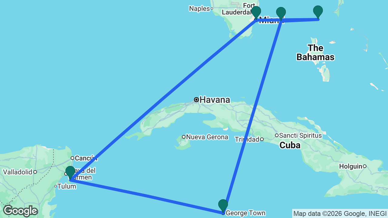 Route map: Miami -> CocoCay -> Bimini -> Grand Cayman -> Cozumel -> Miami