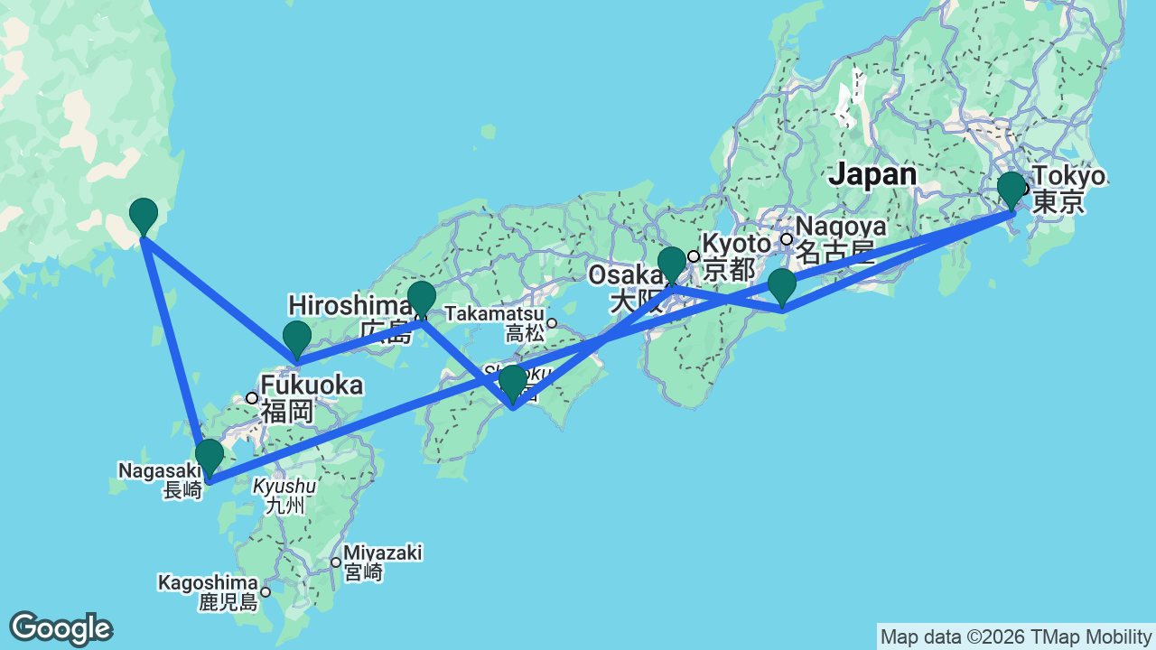 Route map: Tokyo -> Toba -> Osaka -> Kochi -> Hiroshima -> Kanmon Strait -> Busan -> Nagasaki -> Tokyo