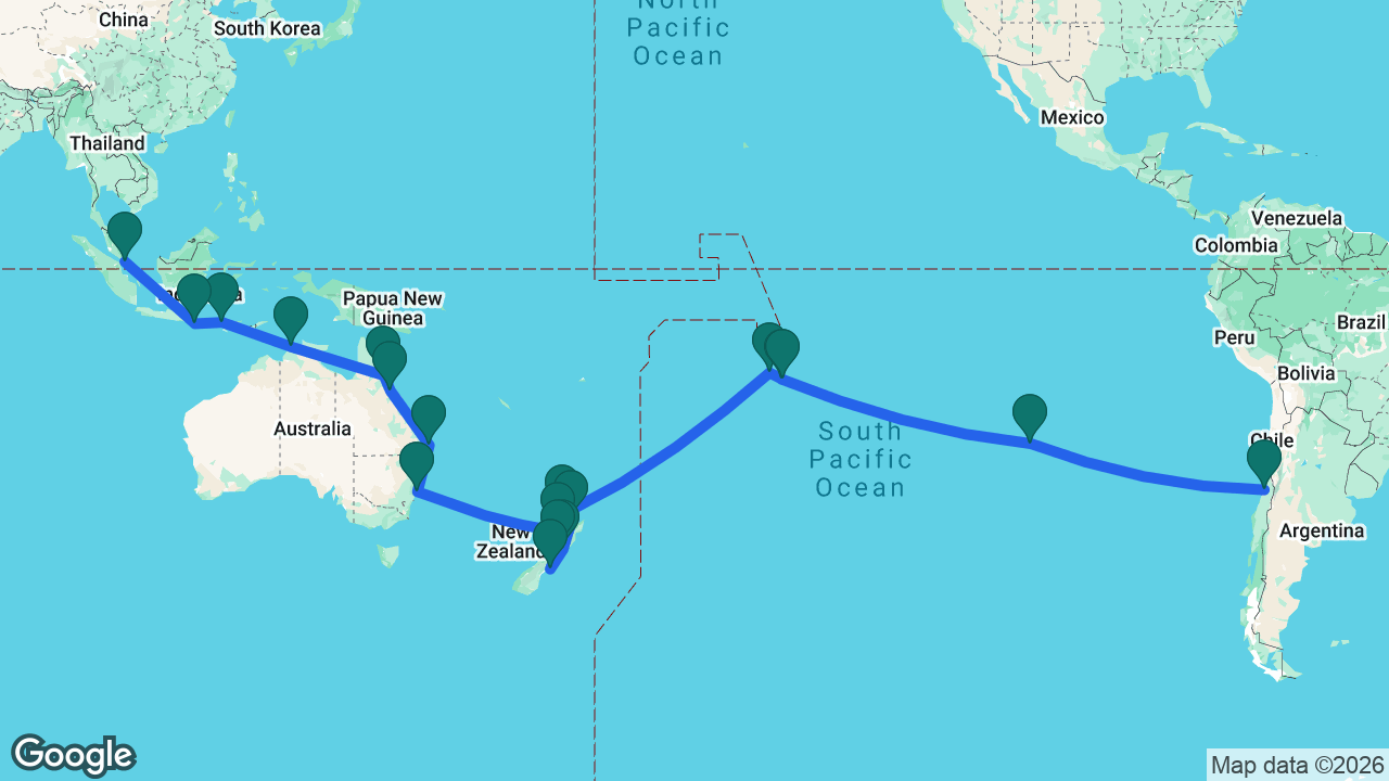 Route map: San Antonio -> Easter Island -> Moorea -> Tahiti -> Bora Bora -> Auckland -> Tauranga -> Wellington -> Christchurch -> Picton -> New Plymouth -> Sydney -> Brisbane -> Townsville -> Cairns -> Darwin -> Slawi Bay -> Bali -> Singapore