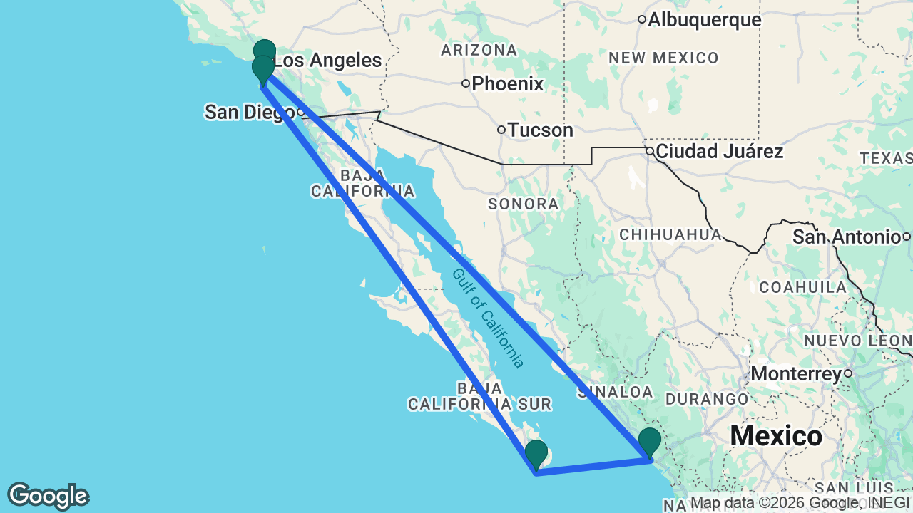 Route map: Los Angeles -> Catalina -> Cabo -> Mazatlán -> Los Angeles