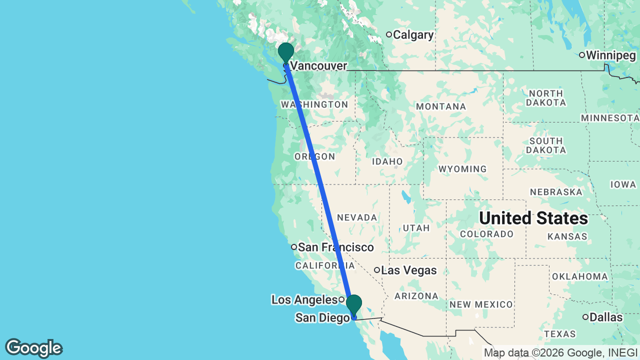 Route map: Vancouver -> San Diego