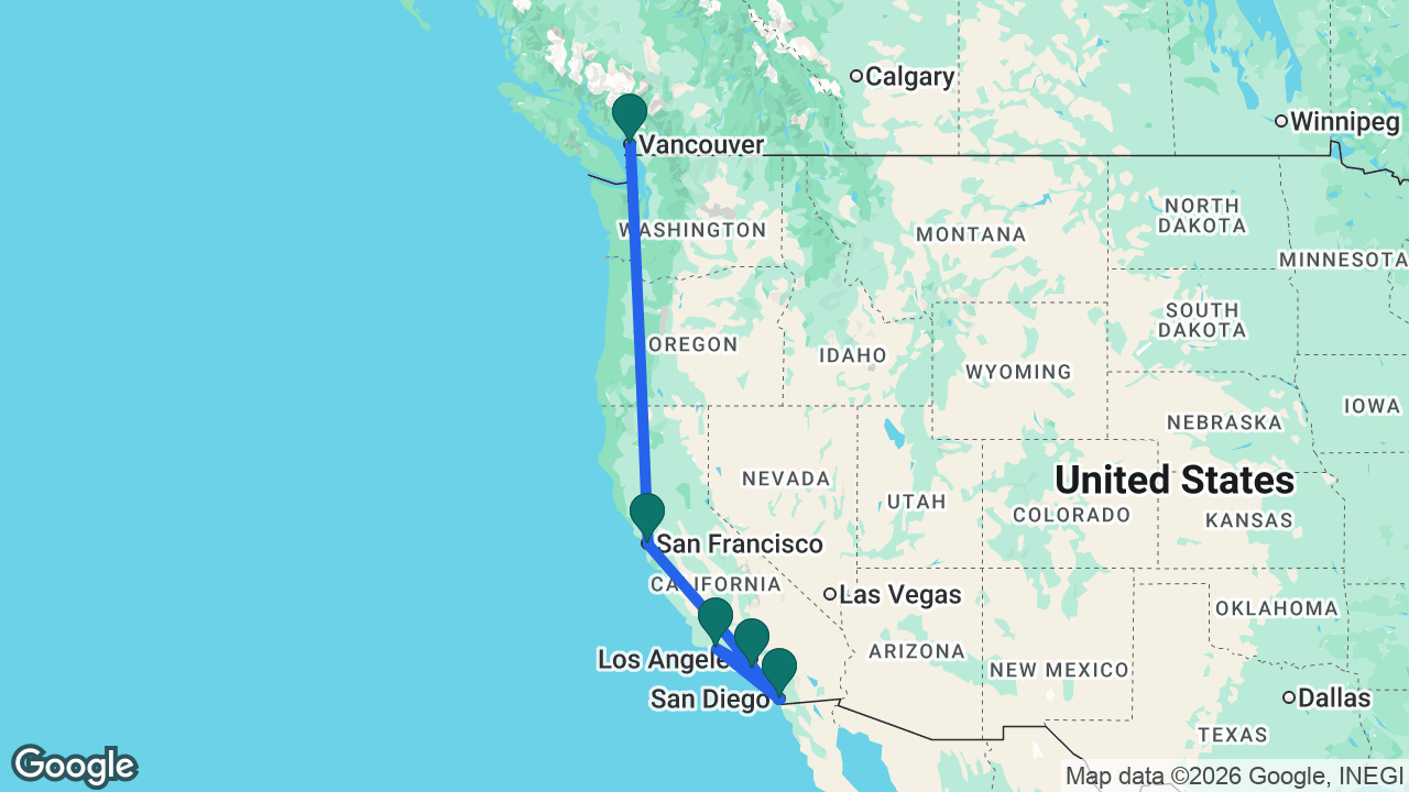 Route map: Vancouver -> San Francisco -> San Diego -> Santa Barbara -> Los Angeles