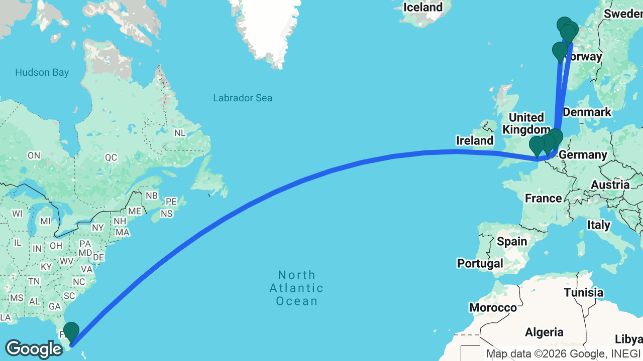 Route map: Fort Lauderdale -> Dover -> Bruges -> Rotterdam -> Geiranger -> Olden -> Ålesund -> Bergen -> Rotterdam