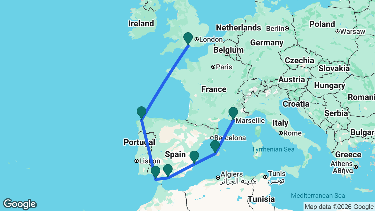 Route map: Southampton -> La Coruña -> Cádiz -> Málaga -> Alicante -> Mallorca -> Marseille