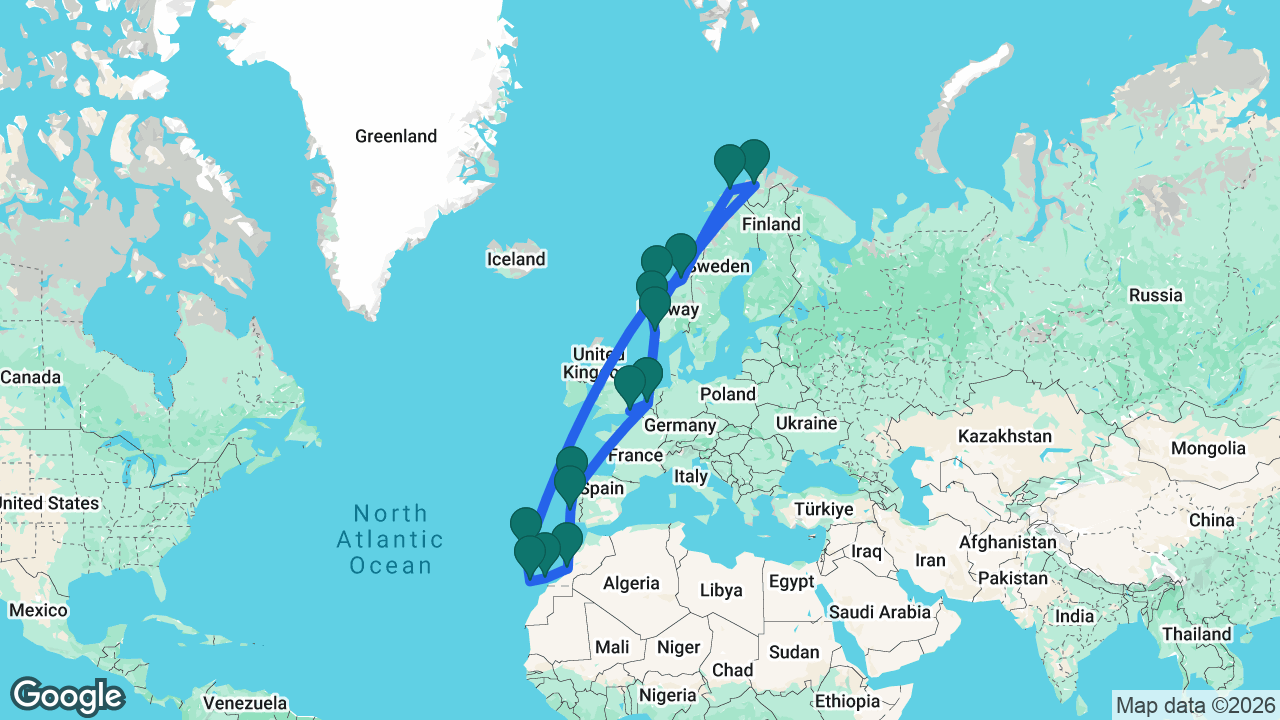 Route map: Dover -> Rotterdam -> Porto -> Lisbon -> Agadir -> Lanzarote -> Tenerife -> Madeira -> Ålesund -> Trondheim -> Tromsø -> Alta -> Bergen -> Stavanger -> Rotterdam