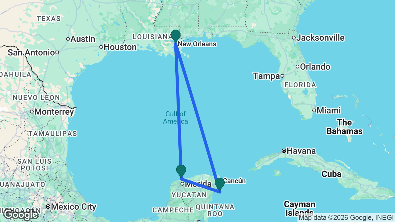 Route map: New Orleans -> Cozumel -> Progreso -> New Orleans