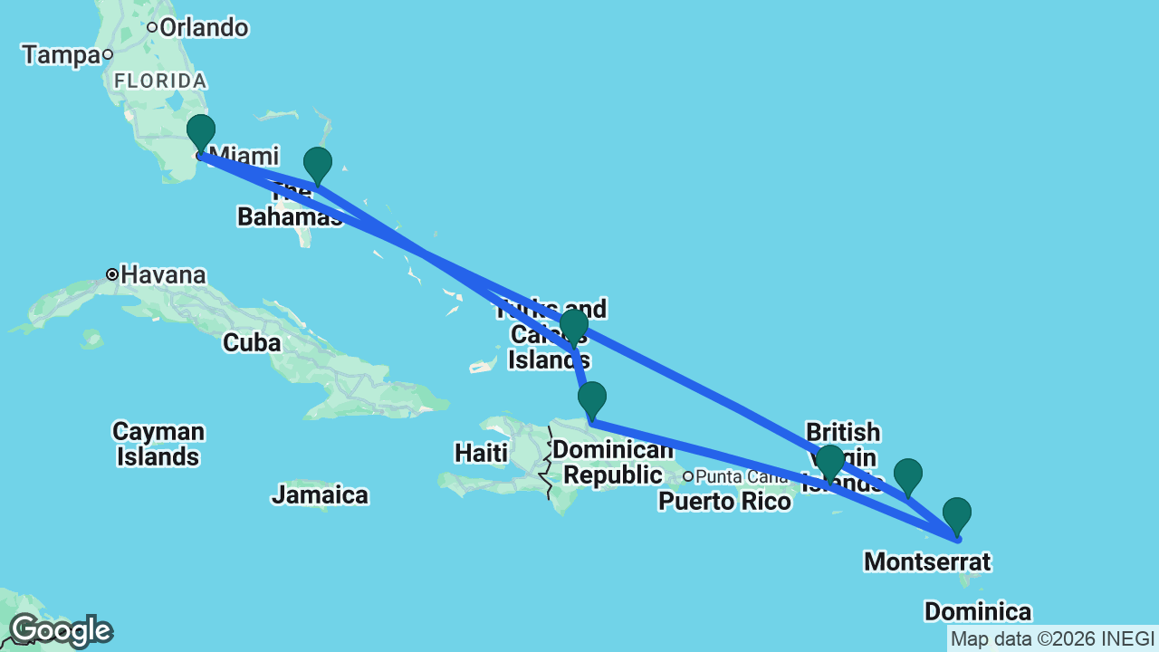 Route map: Miami -> St. Maarten -> Antigua -> St. Thomas -> Amber Cove -> Grand Turk -> Nassau -> Miami
