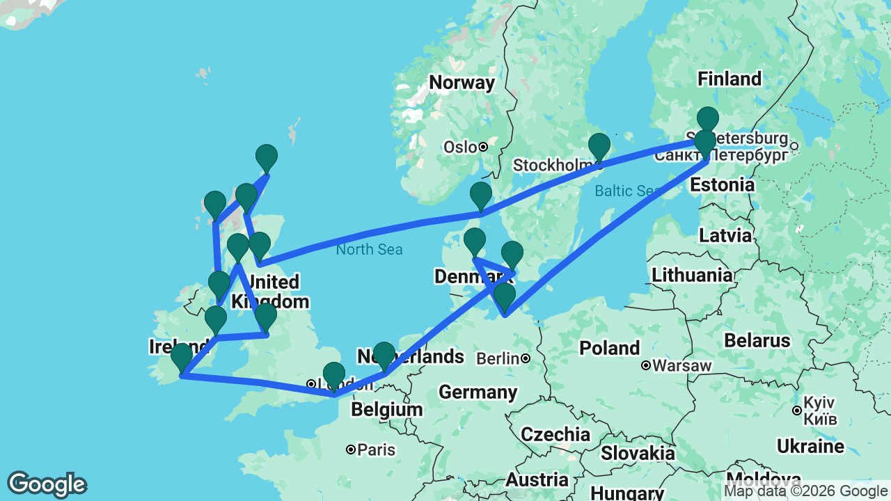 Route map: Dover -> Rotterdam -> Copenhagen -> Aarhus -> Berlin -> Tallinn -> Helsinki -> Stockholm -> Skagen -> South Queensferry -> Invergordon -> Kirkwall -> Isle of Skye -> Belfast -> Glasgow -> Liverpool -> Dún Laoghaire -> Cobh -> Dover
