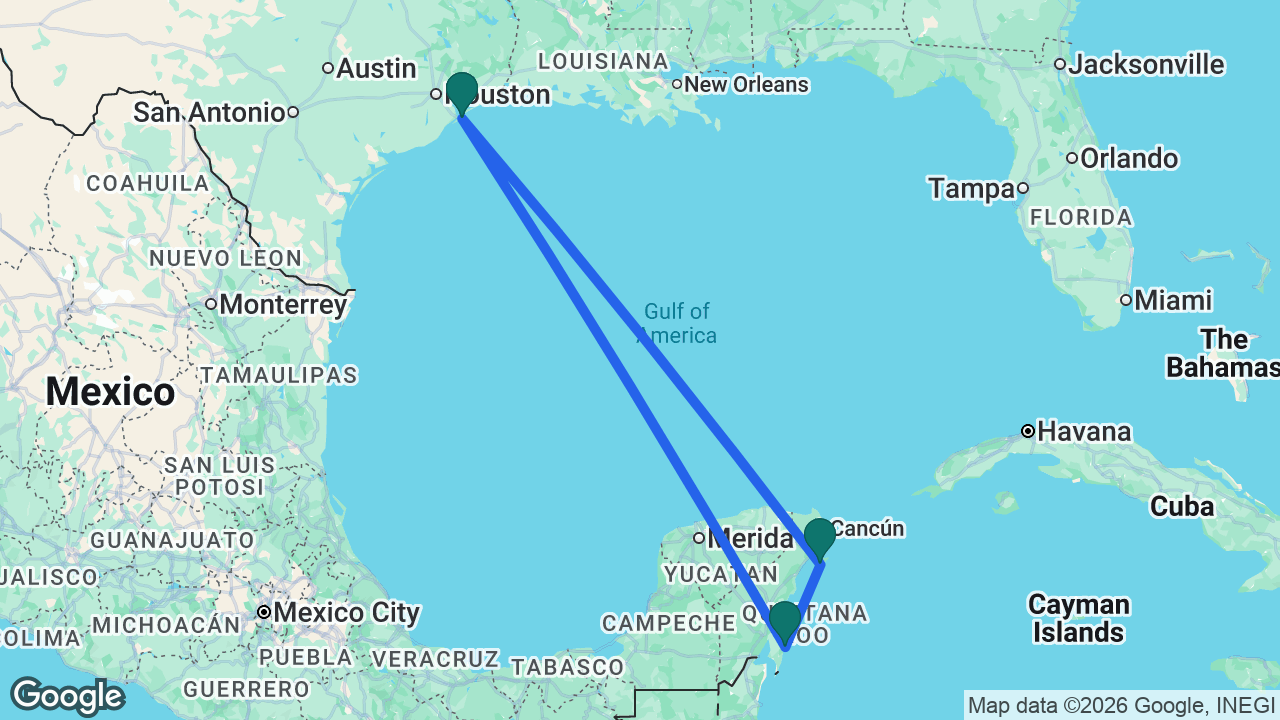 Route map: Galveston -> Costa Maya -> Cozumel -> Galveston