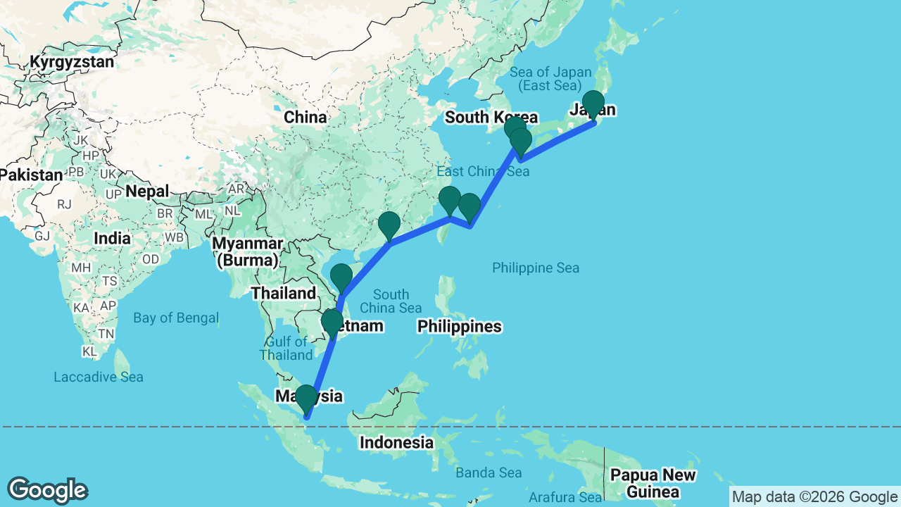 Route map: Tokyo -> Kagoshima -> Nagasaki -> Ishigaki -> Keelung -> Hong Kong -> Da Nang -> Ho Chi Minh City -> Singapore