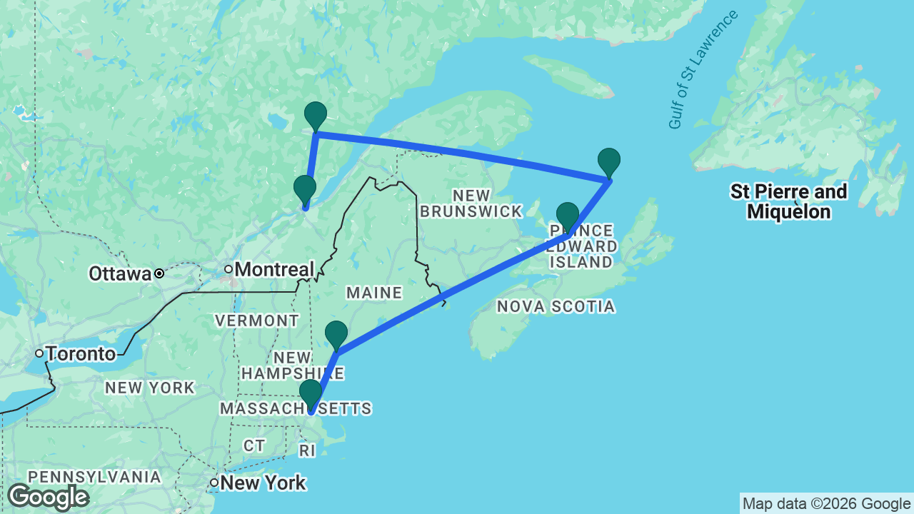 Route map: Québec City -> Saguenay -> Cap-aux-Meules -> Charlottetown -> Portland -> Boston