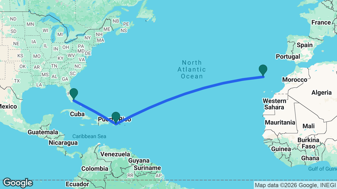 Route map: Madeira -> San Juan -> Miami