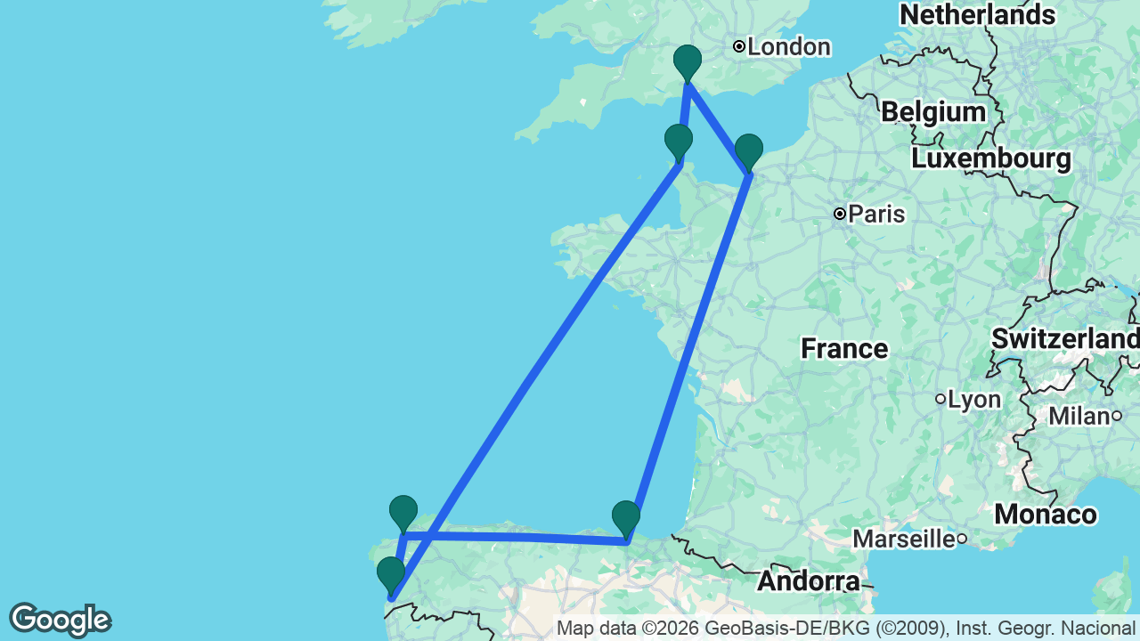 Route map: Southampton -> Paris -> Bilbao -> La Coruña -> Vigo -> Cherbourg -> Southampton
