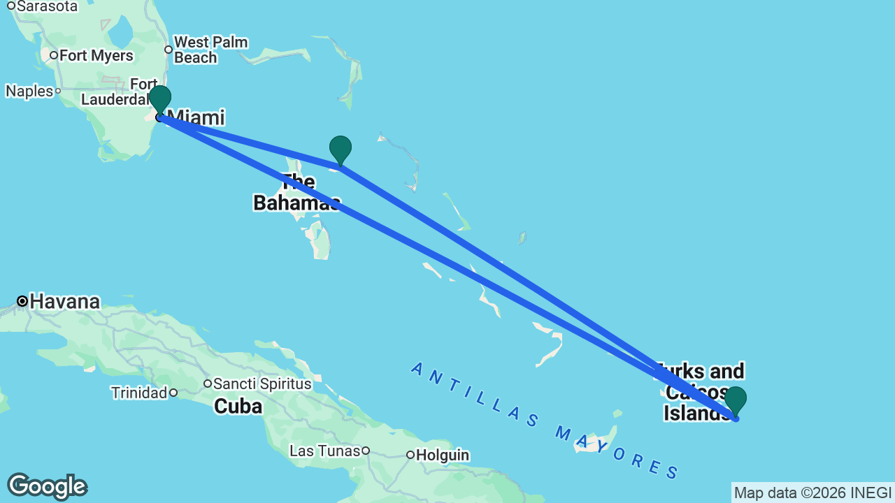 Route map: Miami -> Grand Turk -> Nassau -> Miami