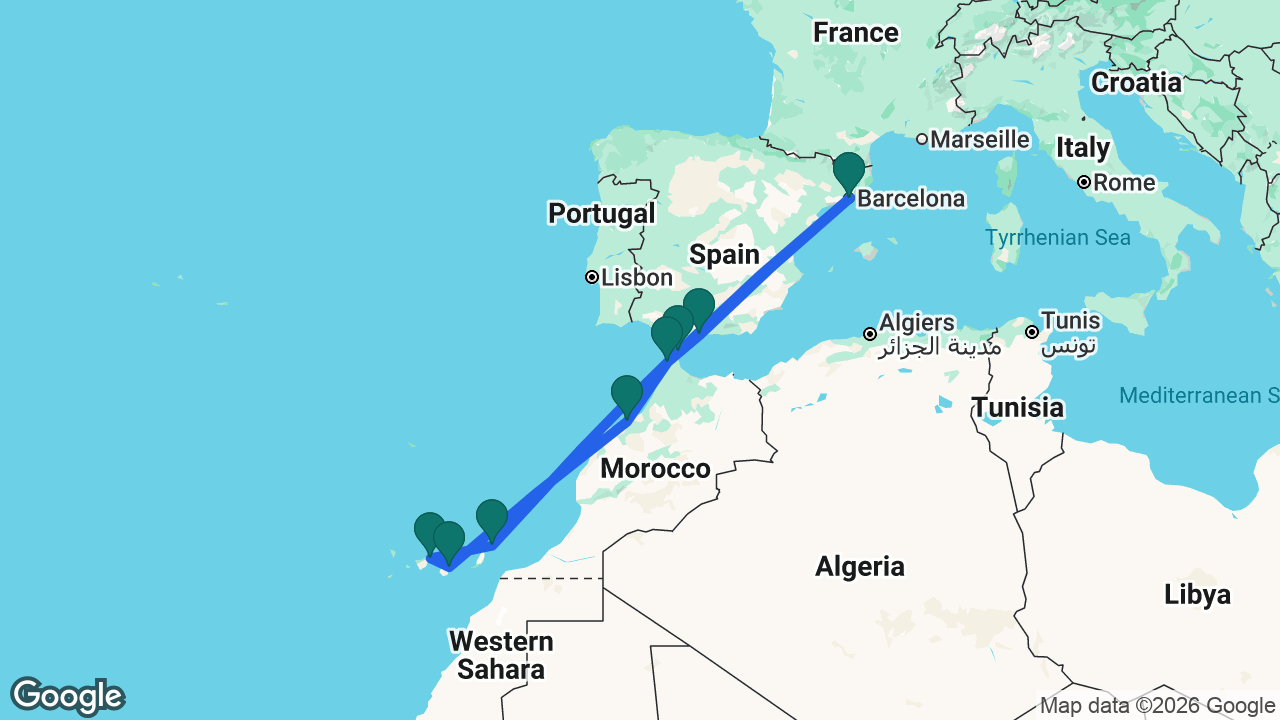 Route map: Barcelona -> Málaga -> Tangier -> Casablanca -> Gran Canaria -> Tenerife -> Lanzarote -> Gibraltar -> Barcelona