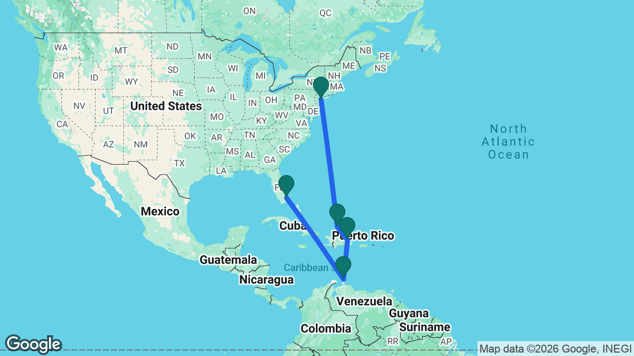 Route map: Fort Lauderdale -> Aruba -> Samaná -> Grand Turk -> Cape Liberty