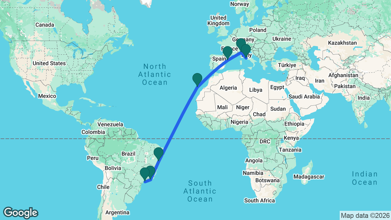 Route map: Rome -> Genoa -> Tarragona -> Tenerife -> Salvador -> Rio -> Santos