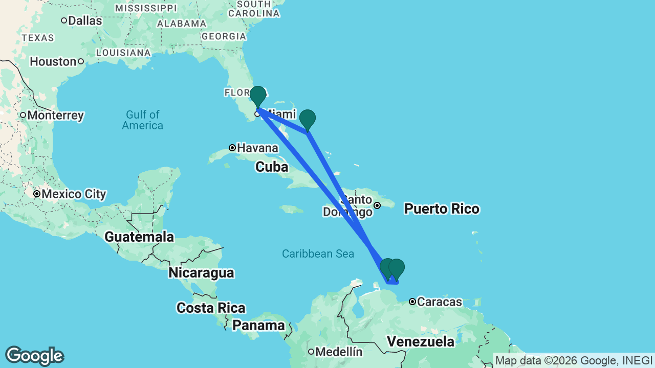 Route map: Fort Lauderdale -> Bonaire -> Curaçao -> Half Moon Cay -> Fort Lauderdale