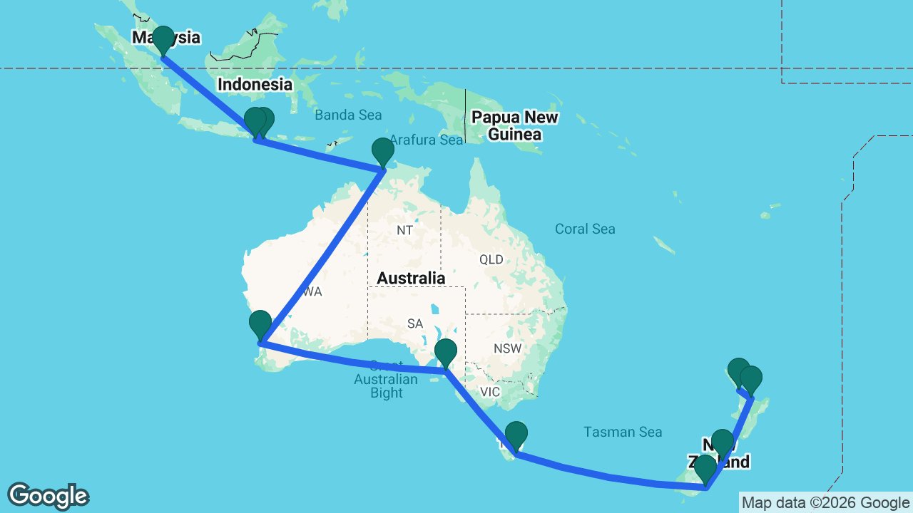 Route map: Auckland -> Tauranga -> Christchurch -> Dunedin -> Hobart -> Adelaide -> Perth -> Darwin -> Bali -> Lembar -> Singapore