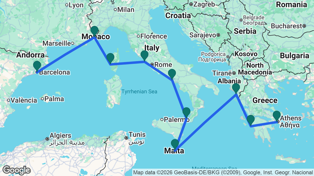 Route map: Athens -> Katakolon -> Sarandë -> Valletta -> Messina -> Naples -> Rome -> Ajaccio -> Villefranche -> Barcelona