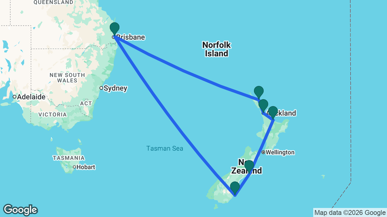 Route map: Brisbane -> Dunedin -> Christchurch -> Tauranga -> Auckland -> Bay of Islands -> Brisbane