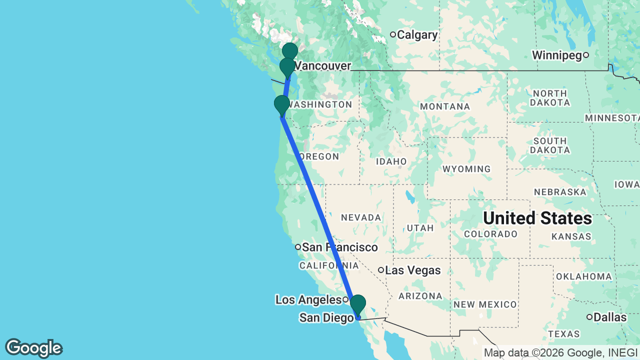 Route map: San Diego -> Astoria -> Victoria -> Vancouver