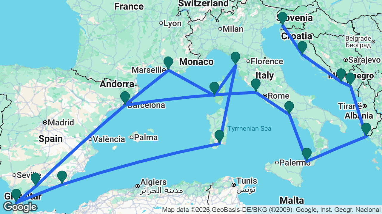 Route map: Trieste -> Zadar -> Dubrovnik -> Kotor -> Corfu -> Messina -> Naples -> Rome -> Barcelona -> Málaga -> Tangier -> Almería -> Cagliari -> Florence -> Ajaccio -> Marseille -> Barcelona