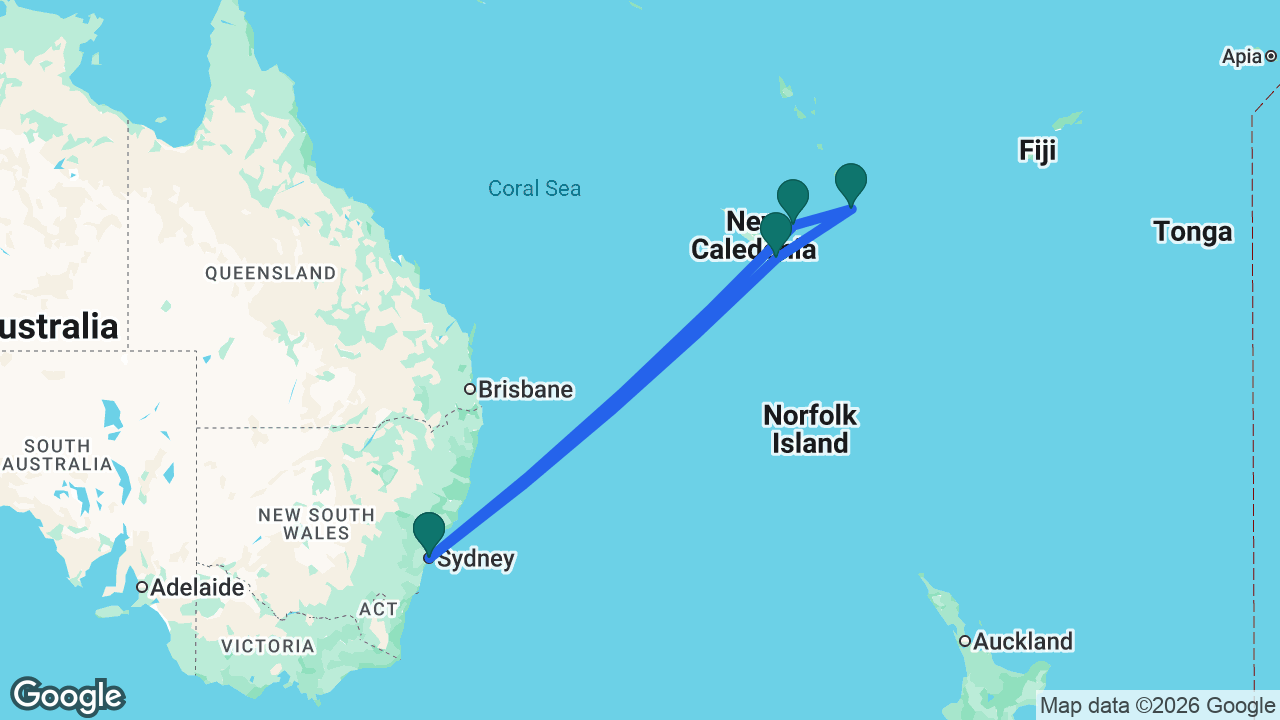 Route map: Sydney -> Nouméa -> Mystery Island -> Lifou -> Sydney