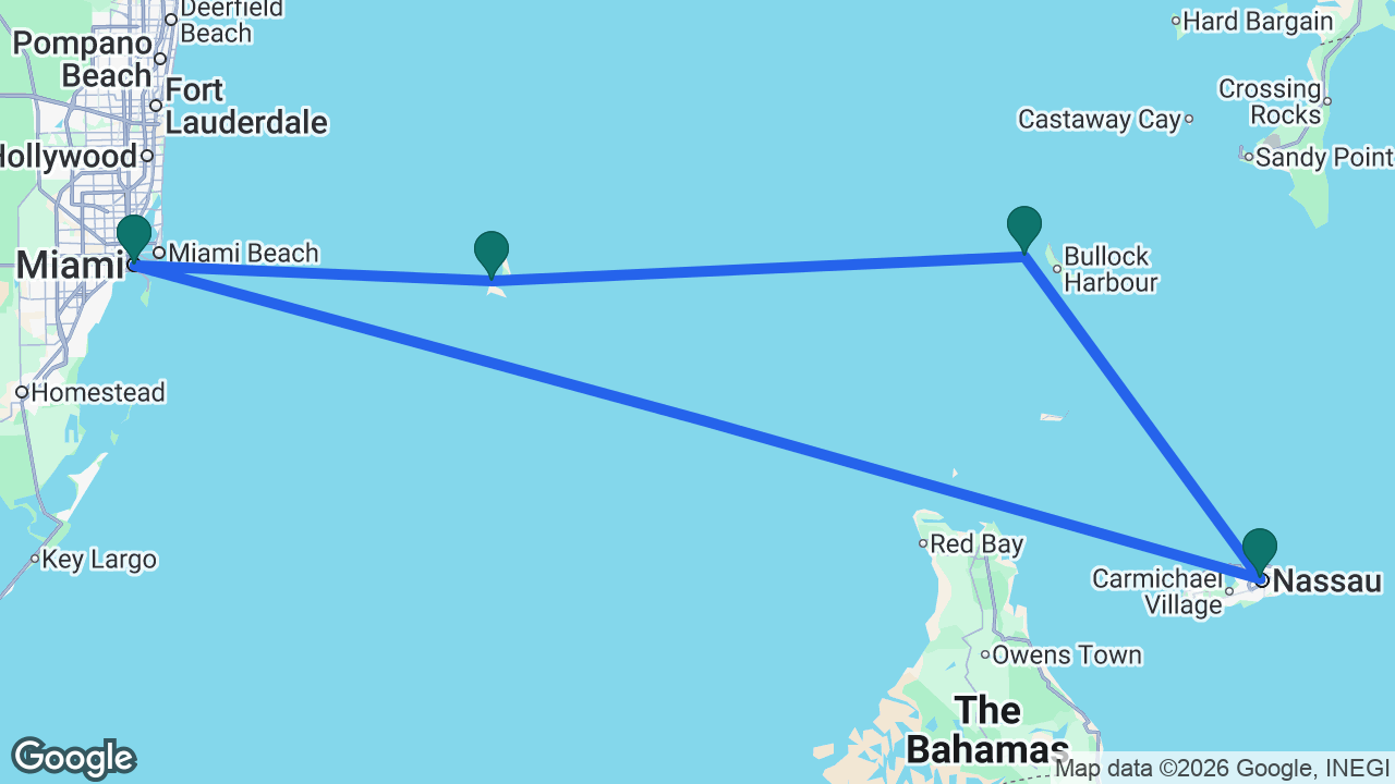 Route map: Miami -> Bimini -> CocoCay -> Nassau -> Miami