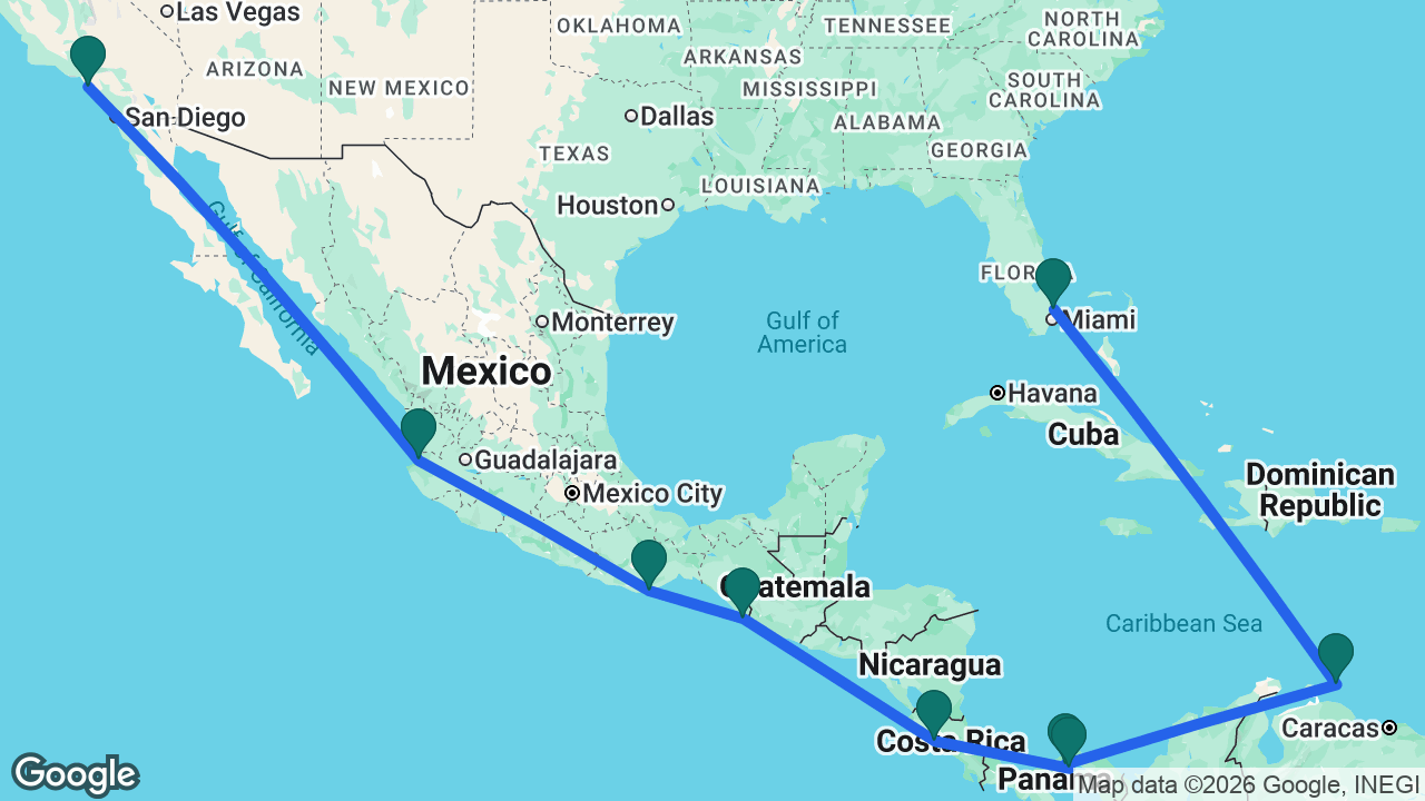Route map: Los Angeles -> Puerto Vallarta -> Huatulco -> Puerto Chiapas -> Puntarenas -> Panama City -> Panama Canal -> Curaçao -> Fort Lauderdale