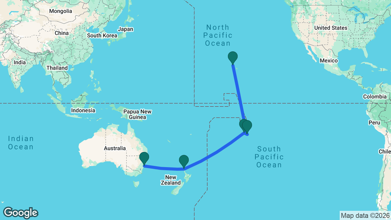 Route map: Sydney -> Bay of Islands -> Raiatea -> Tahiti -> Moorea -> Honolulu