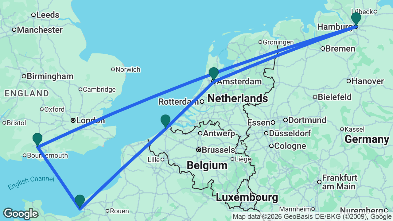 Route map: Paris -> Southampton -> Hamburg -> Amsterdam -> Bruges -> Paris