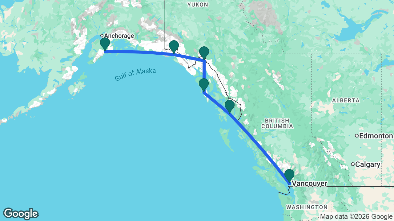 Route map: Vancouver -> Ketchikan -> Sitka -> Skagway -> Hubbard Glacier -> Seward
