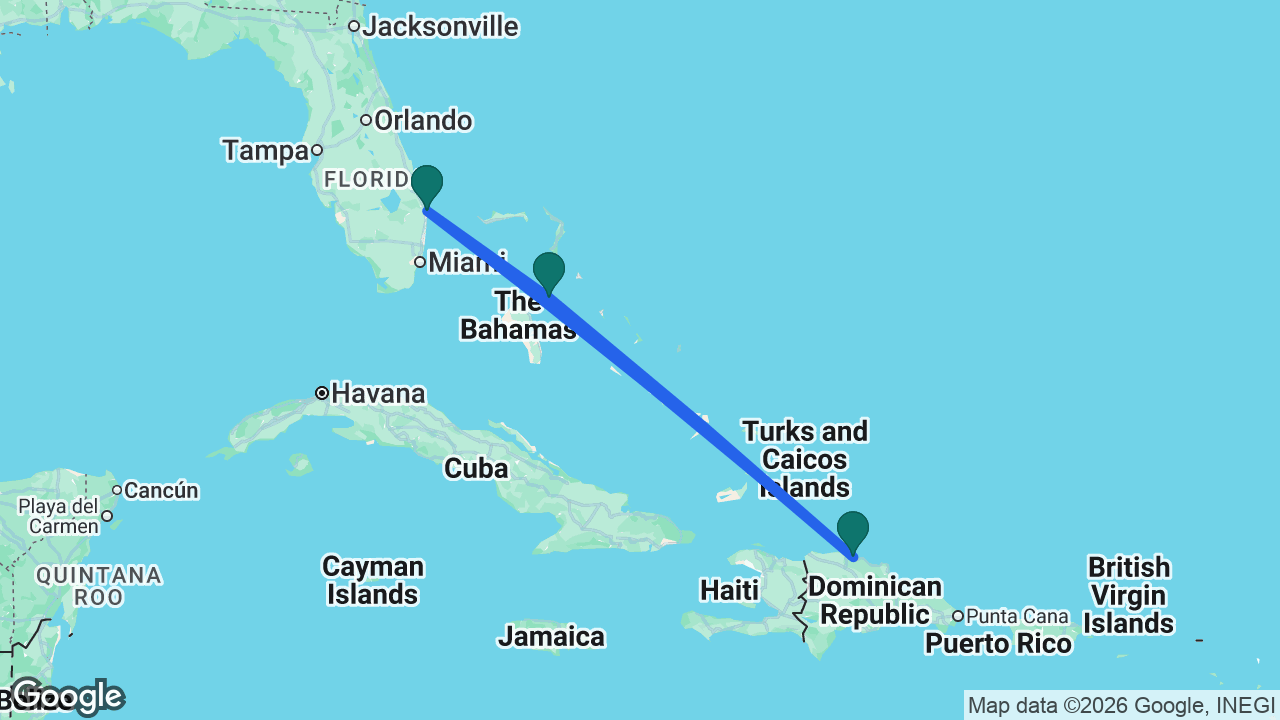 Route map: Palm Beach -> Nassau -> Puerto Plata -> Palm Beach