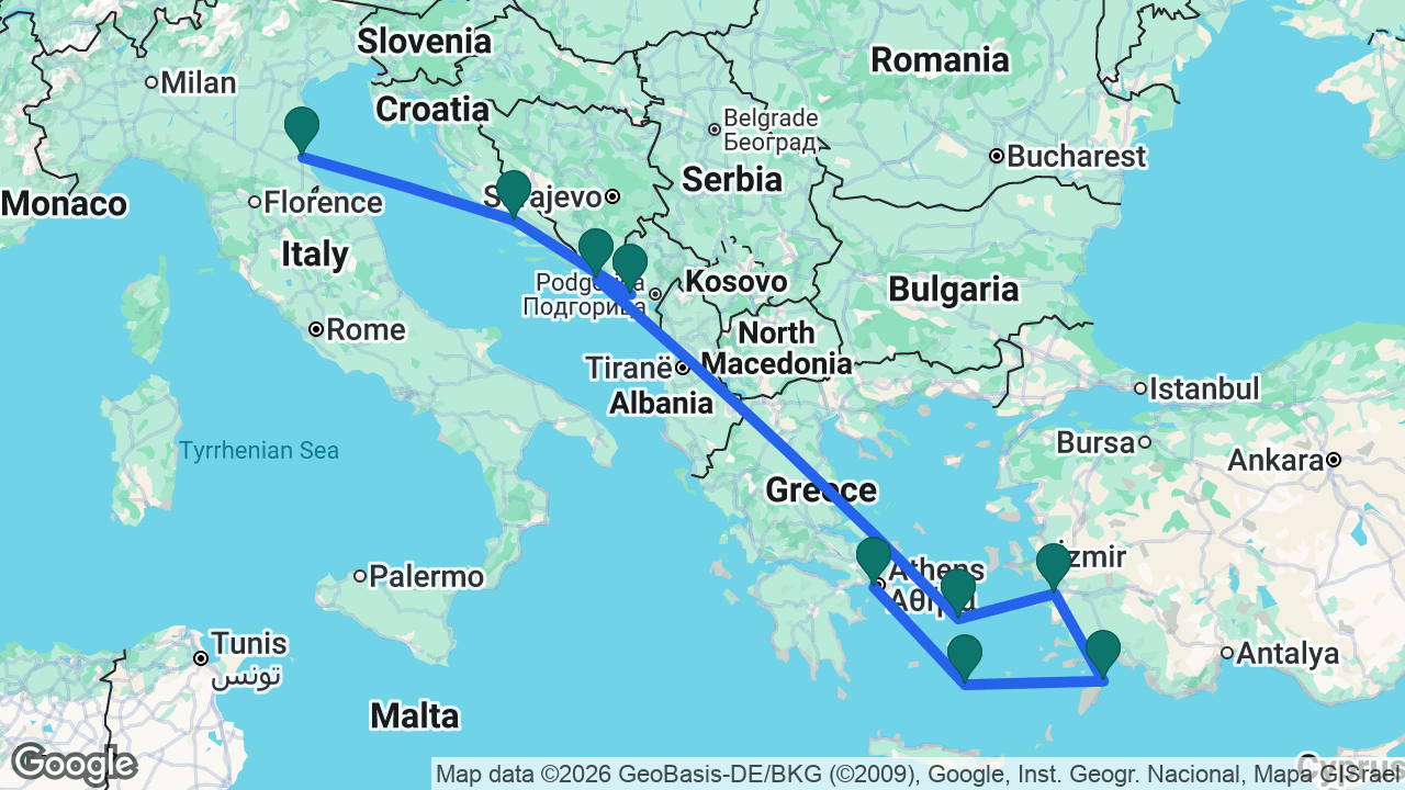 Route map: Athens -> Santorini -> Rhodes -> Ephesus -> Mykonos -> Dubrovnik -> Kotor -> Split -> Ravenna