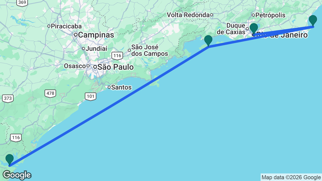 Route map: Rio -> Búzios -> Ilha Grande -> Paranaguá