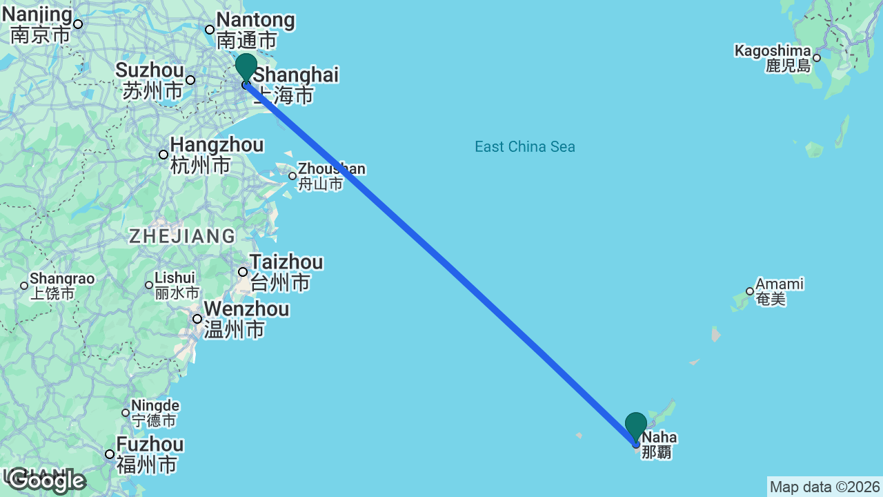 Route map: Shanghai -> Naha -> Shanghai
