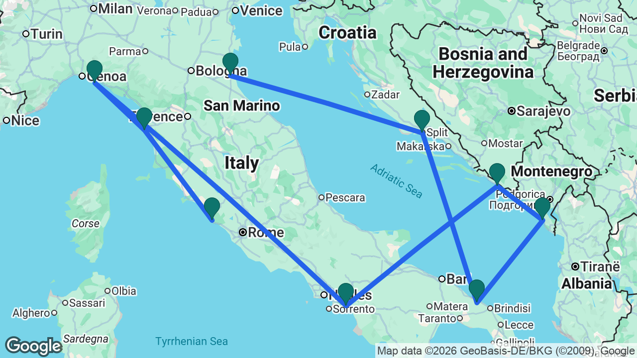 Route map: Ravenna -> Split -> Brindisi -> Bar -> Dubrovnik -> Amalfi Coast -> Portofino -> Florence -> Rome