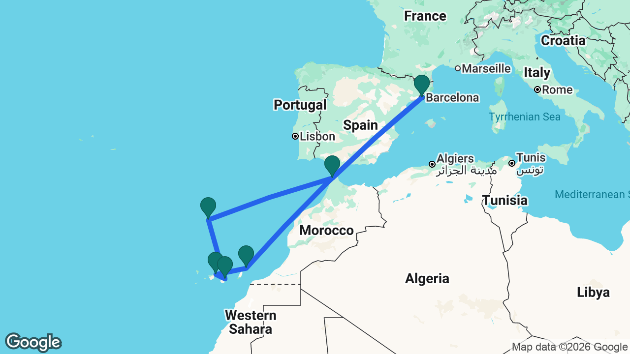 Route map: Barcelona -> Lanzarote -> Tenerife -> Gran Canaria -> Madeira -> Tangier -> Barcelona