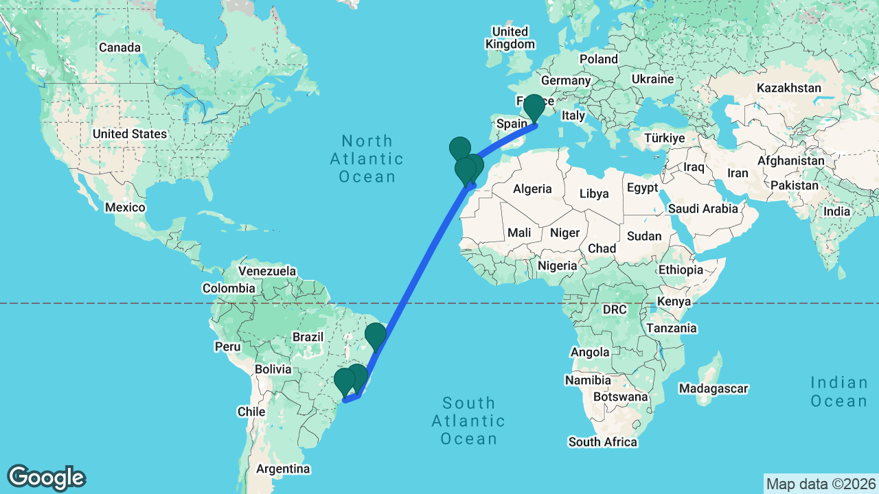 Route map: Barcelona -> Madeira -> Lanzarote -> Gran Canaria -> Salvador -> Rio -> Santos
