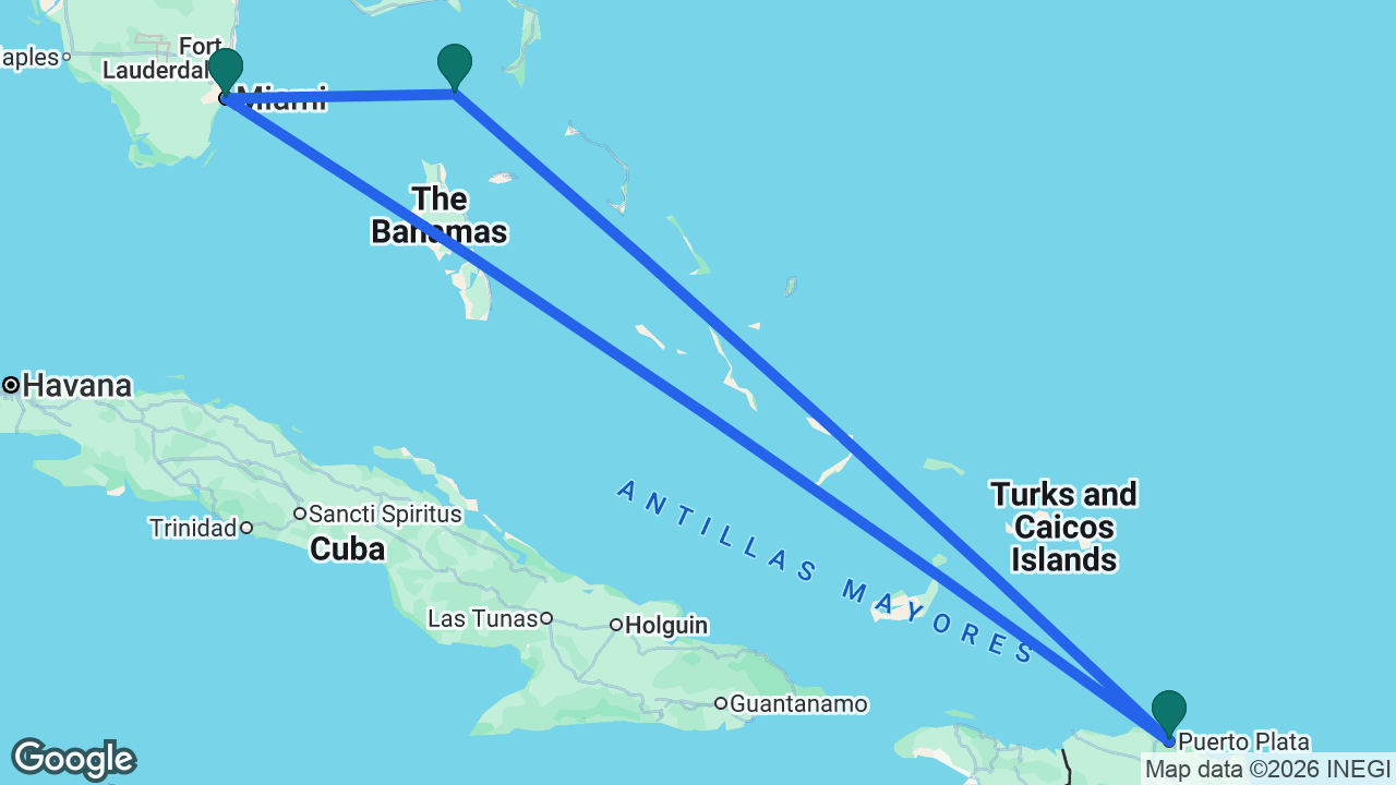 Route map: Miami -> Great Stirrup Cay -> Puerto Plata -> Miami