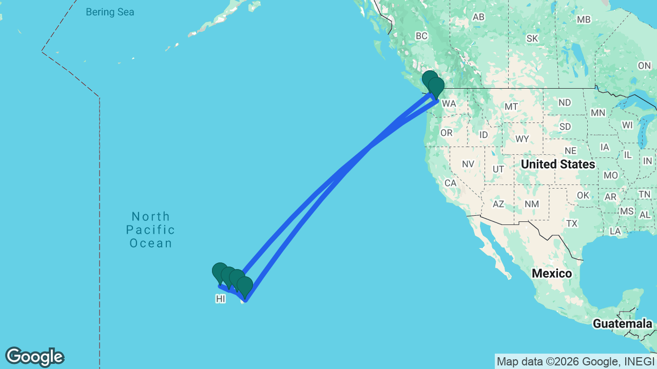 Route map: Seattle -> Honolulu -> Kauai -> Maui -> Hilo -> Victoria -> Seattle