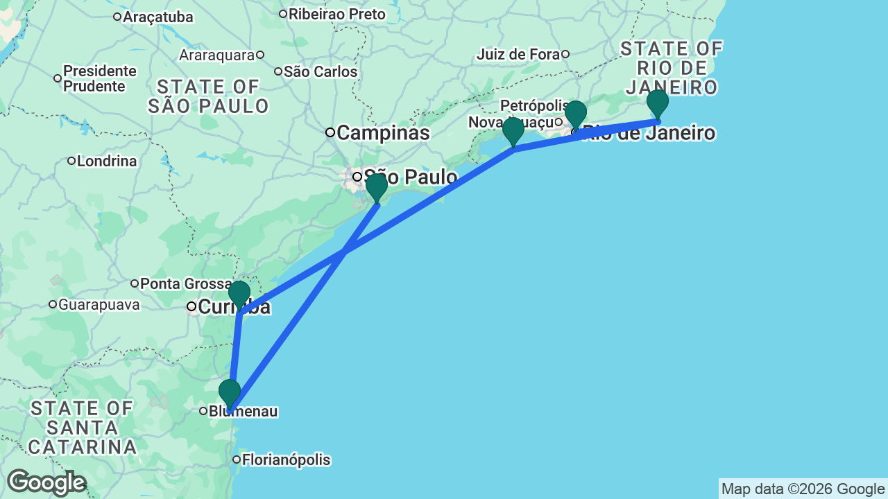 Route map: Rio -> Búzios -> Ilha Grande -> Paranaguá -> Itajaí -> Santos